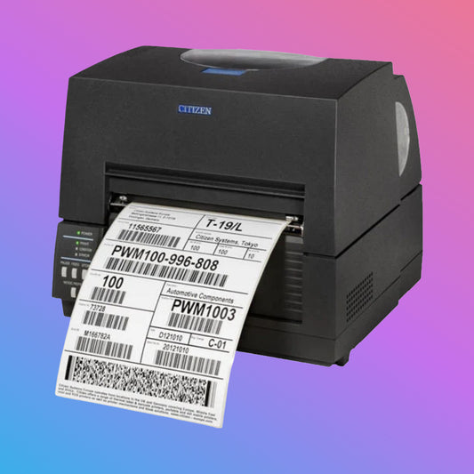 Label printer with a label on a gradient background