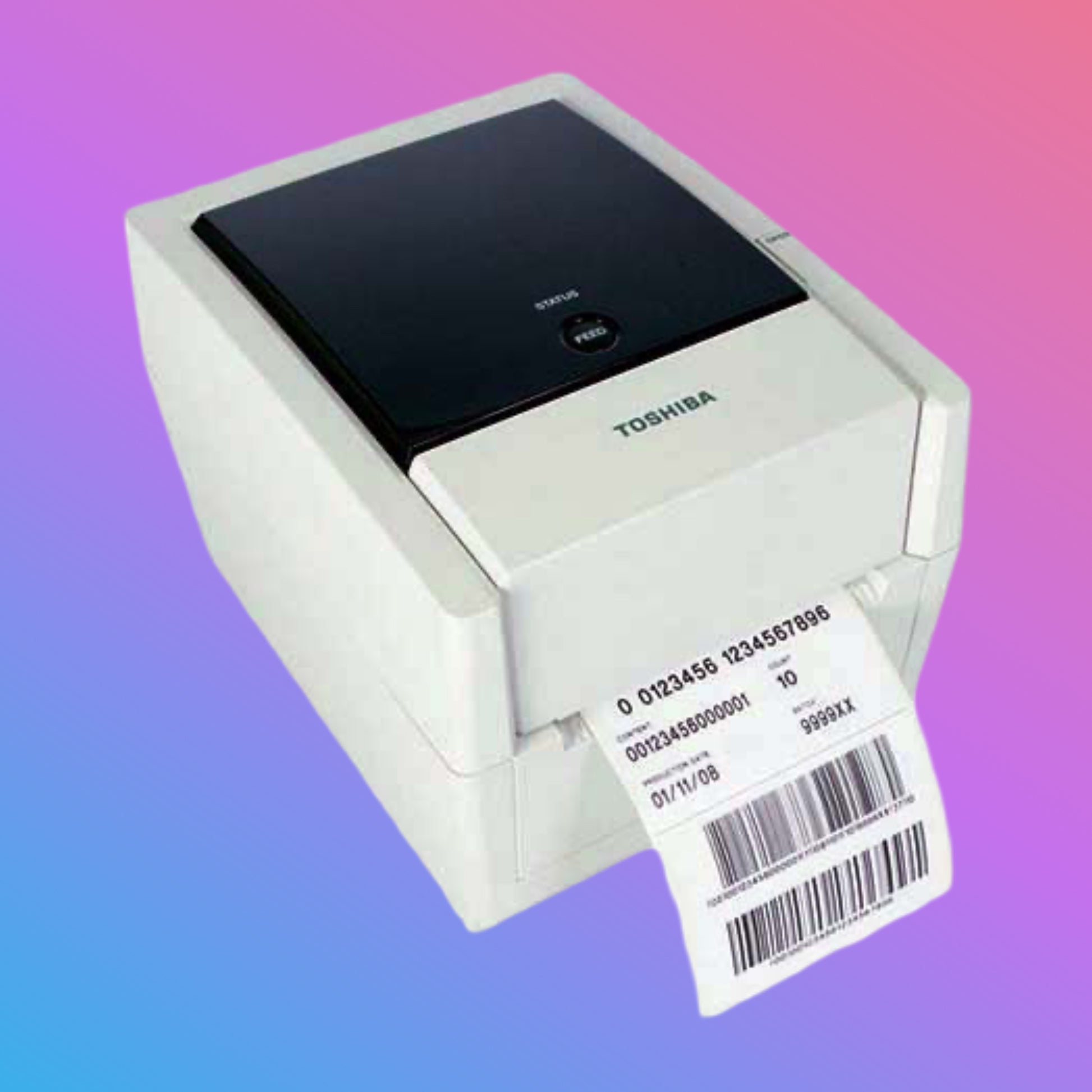 Toshiba label printer with a printed label on a gradient background