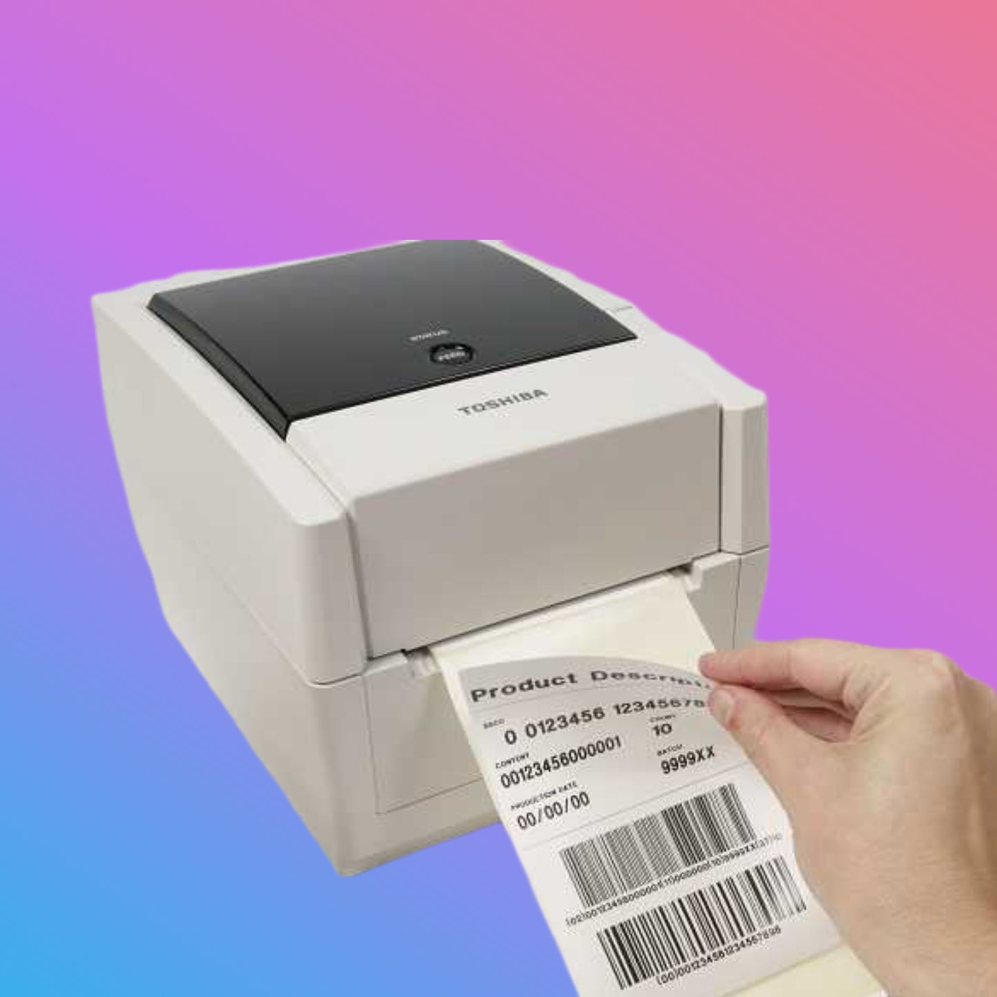 Toshiba label printer with a printed label on a gradient background