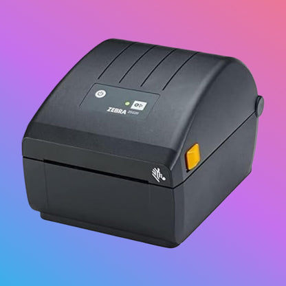 Black Zebra label printer on a gradient background