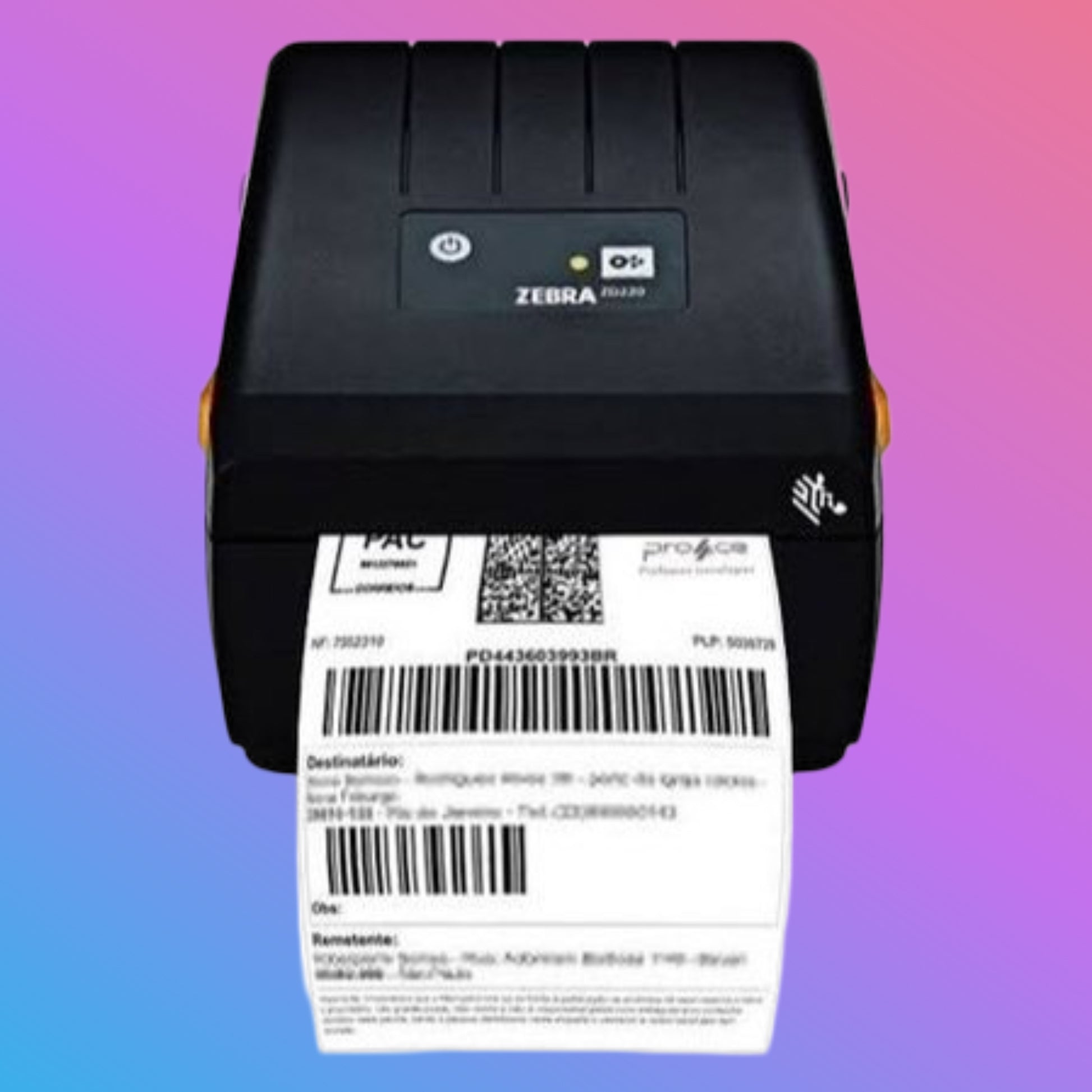 Zebra label printer with a printed label on a gradient background