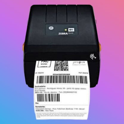 Zebra label printer with a printed label on a gradient background