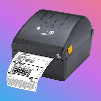 Zebra label printer with a printed label on a gradient background