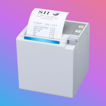Receipt printer with a printed receipt on a gradient background