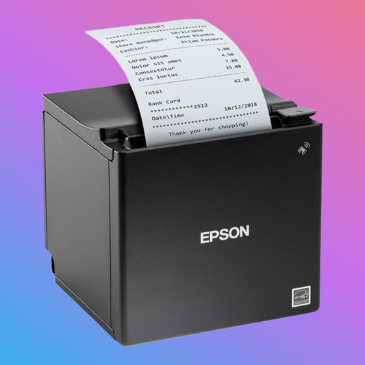 Epson receipt printer with a printed receipt on a gradient background