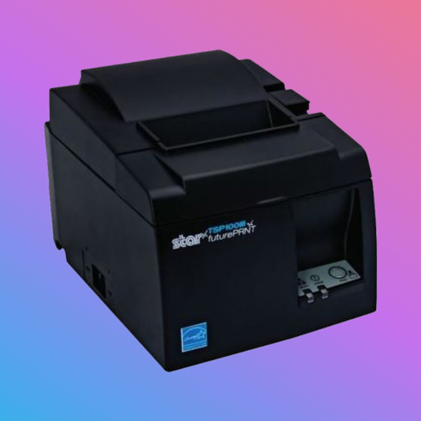 Black POS printer with 'Star' branding on a gradient background