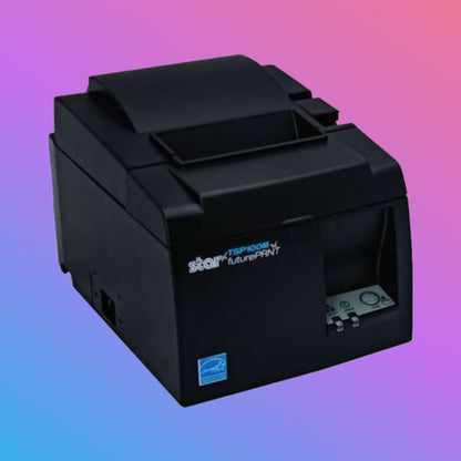 Black POS printer with 'Star' branding on a gradient background
