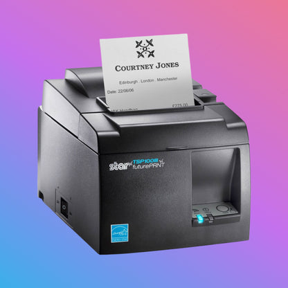 Black Star printer with a printed card on a gradient background