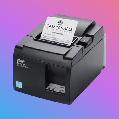 Black printer with a printed receipt on a gradient background