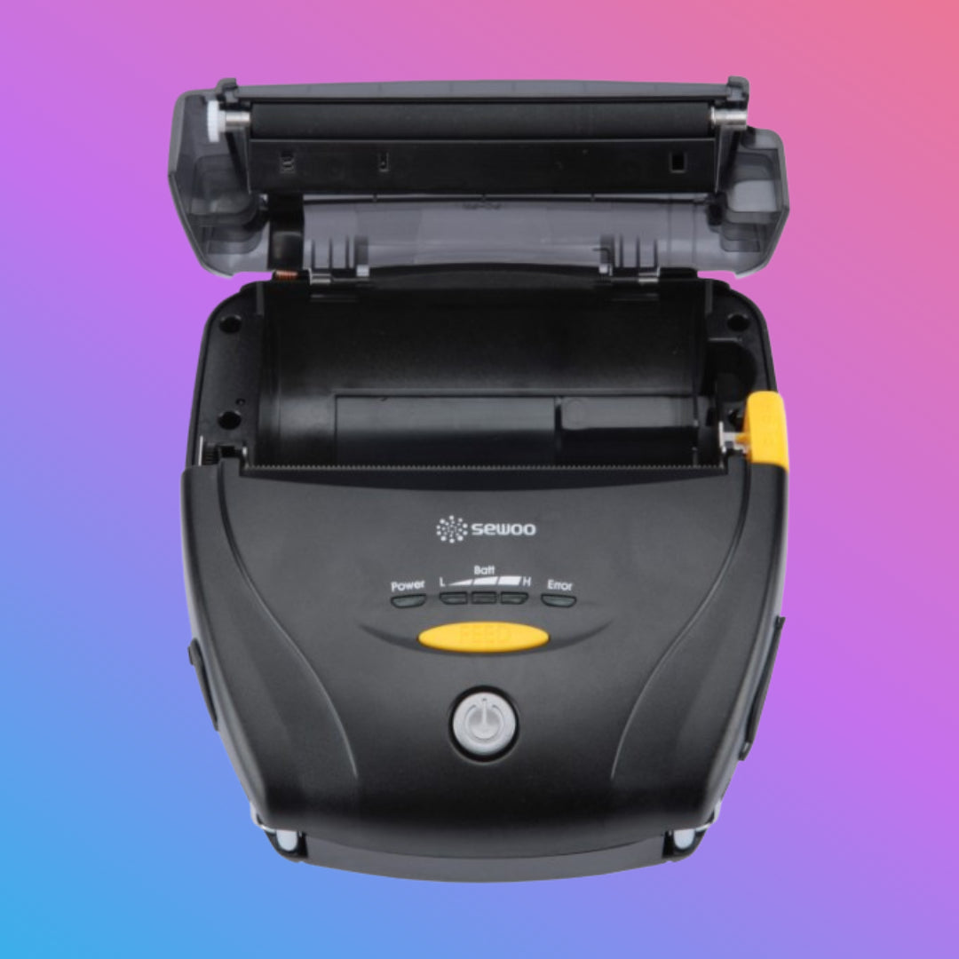 Black printer with open lid on a gradient background