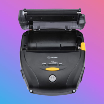 Black printer with open lid on a gradient background