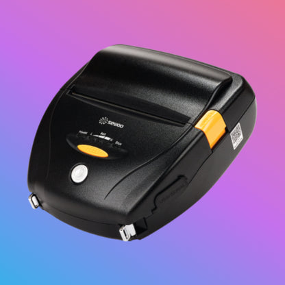 Black and orange printer on a gradient background