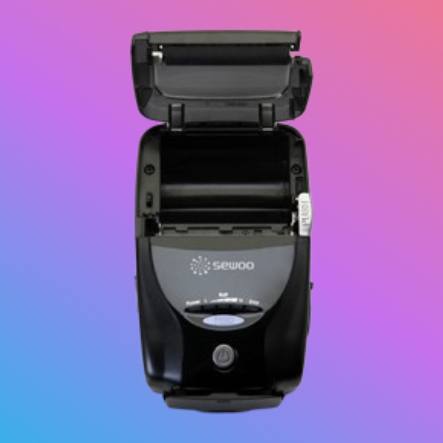 Black SEWOO thermal printer on a gradient background