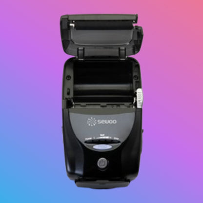 Black SEWOO thermal printer on a gradient background