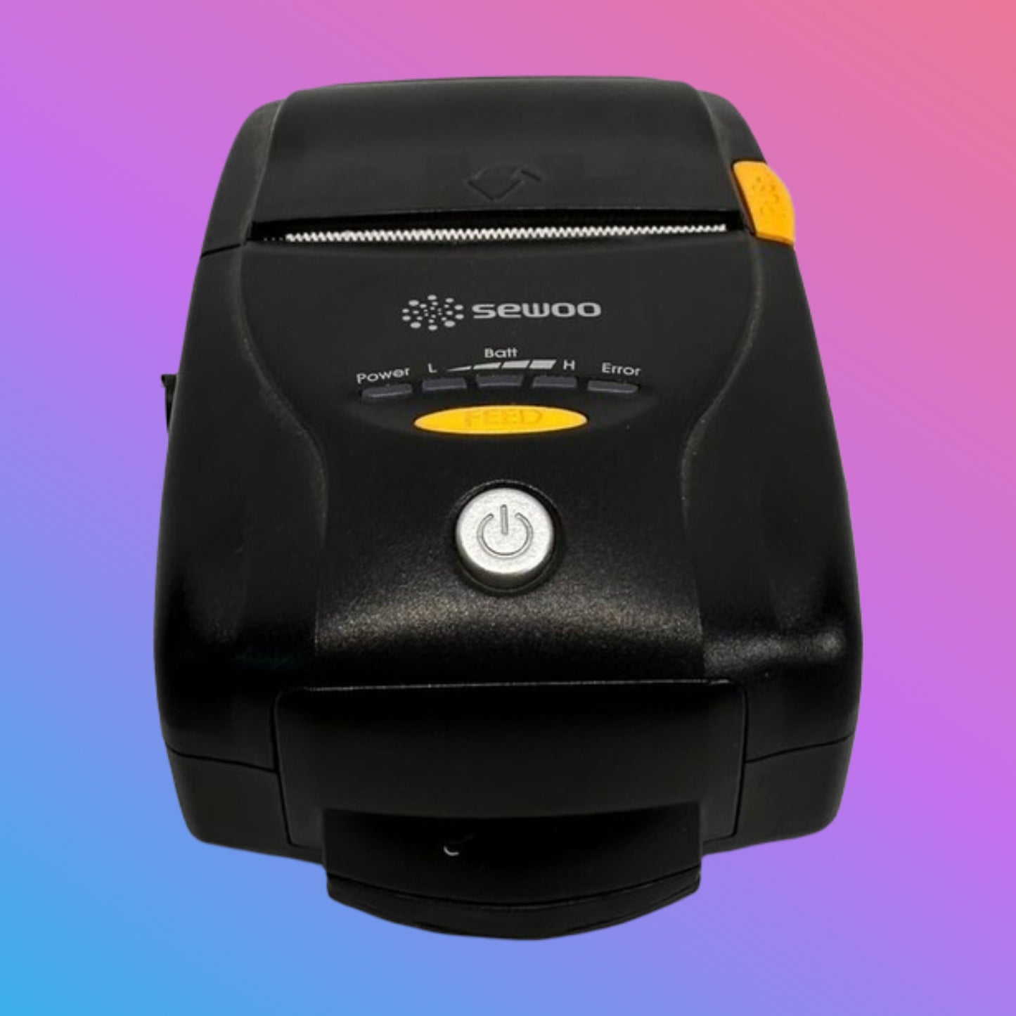 Black printer with 'sewoo' branding on a gradient background