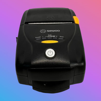 Black printer with 'sewoo' branding on a gradient background