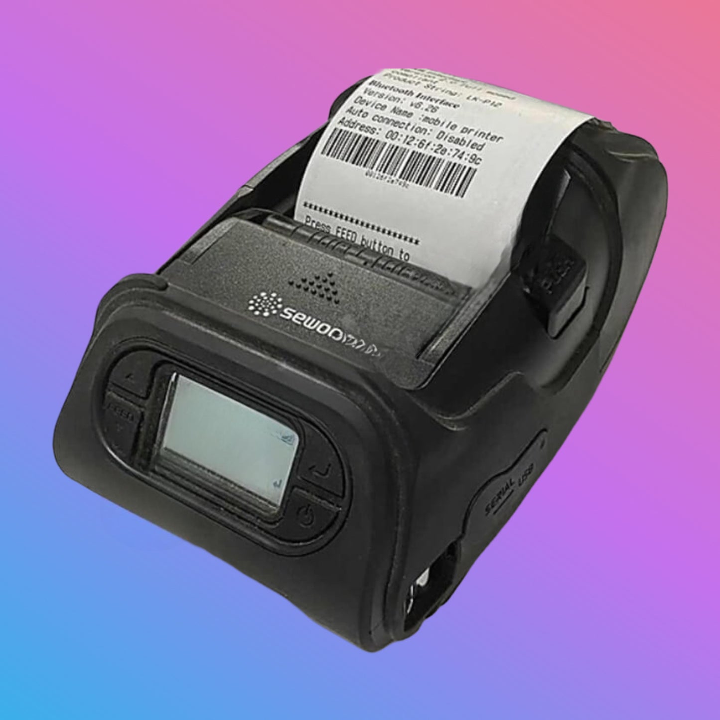 Black portable printer with a printed label on a gradient background