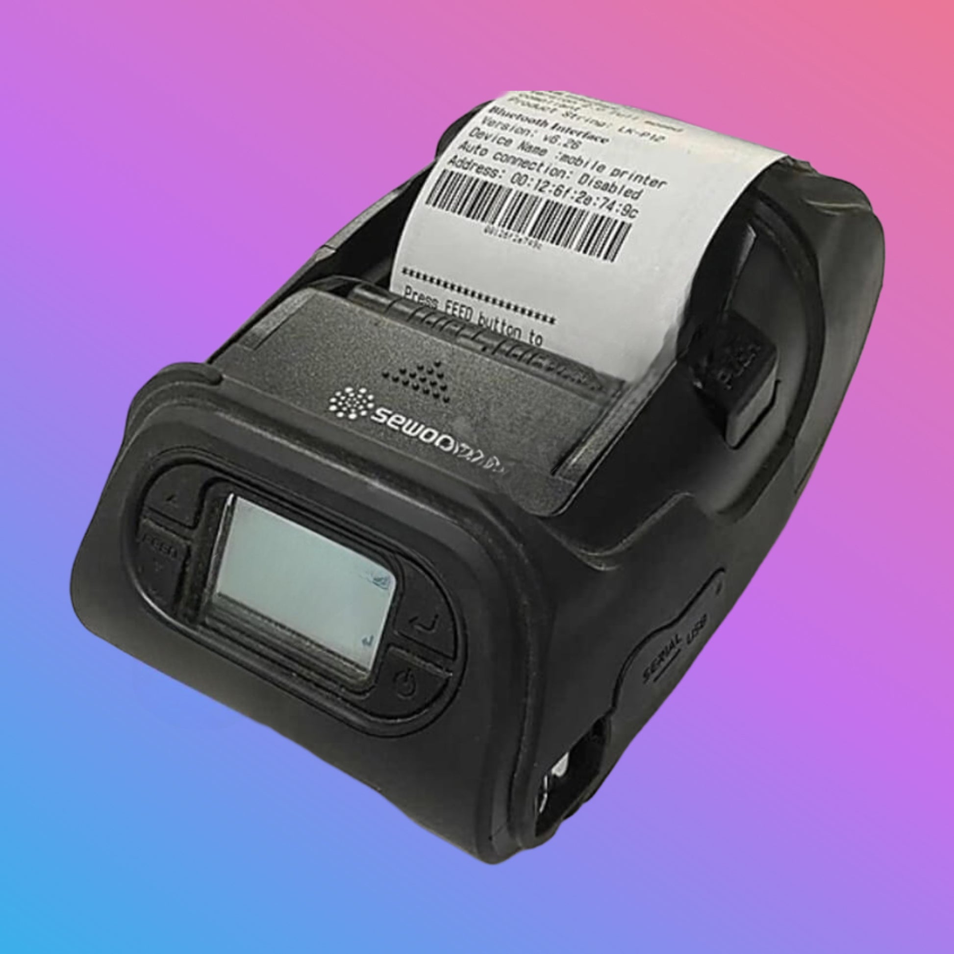 Black portable printer with a printed label on a gradient background