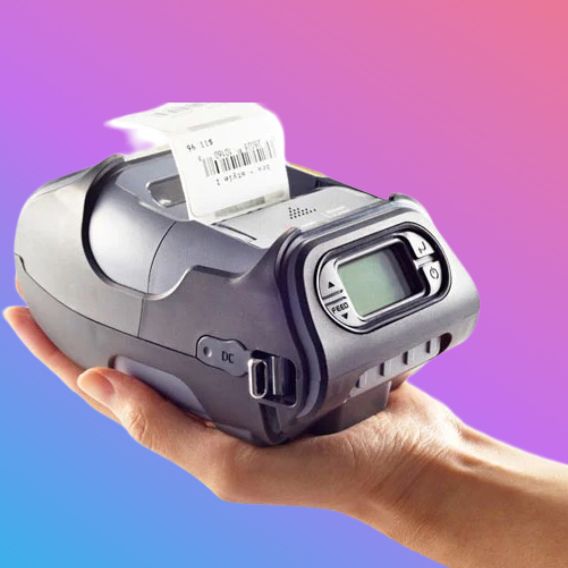 Hand holding a portable barcode scanner with a printed label against a gradient background