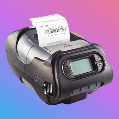 Portable printer with a printed label on a gradient background