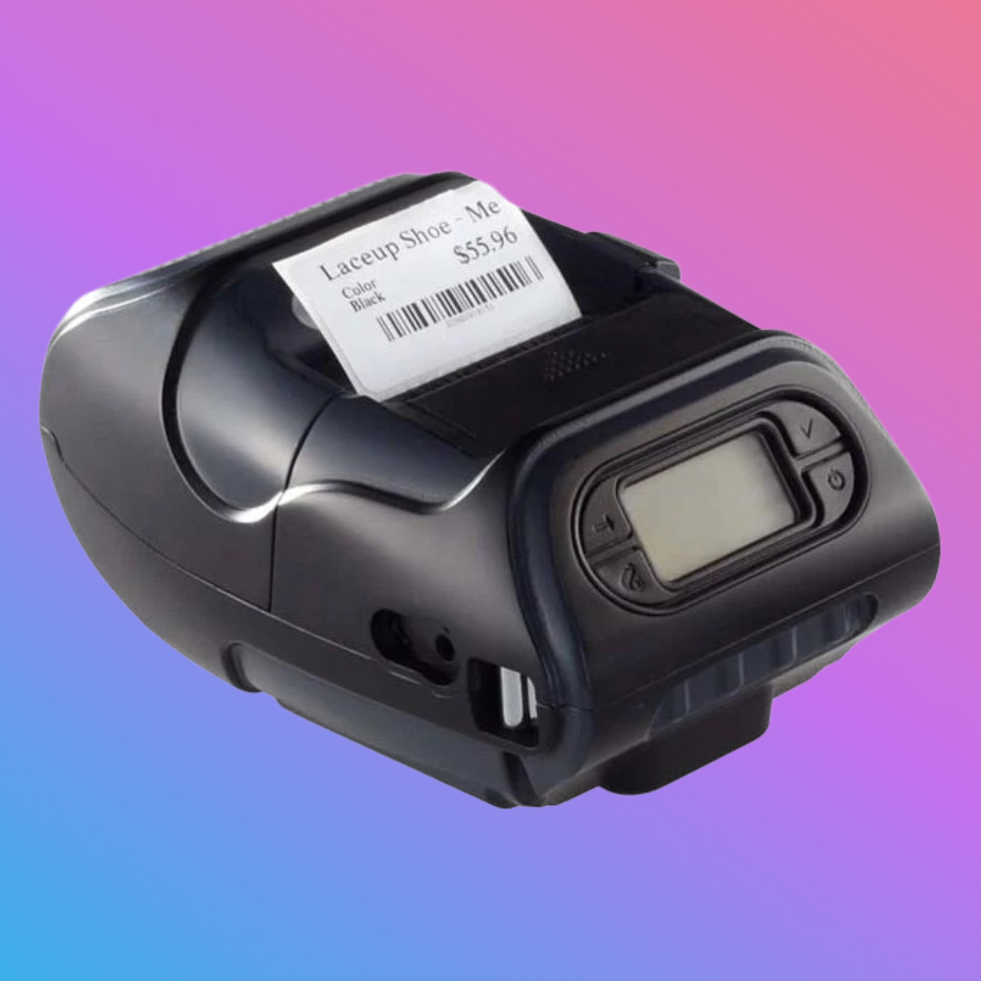 Black label printer with a printed label on a gradient background