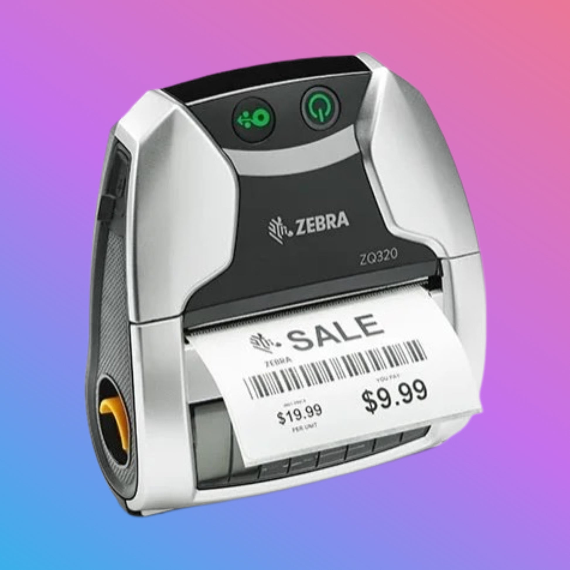 Zebra label printer with a printed label on a gradient background