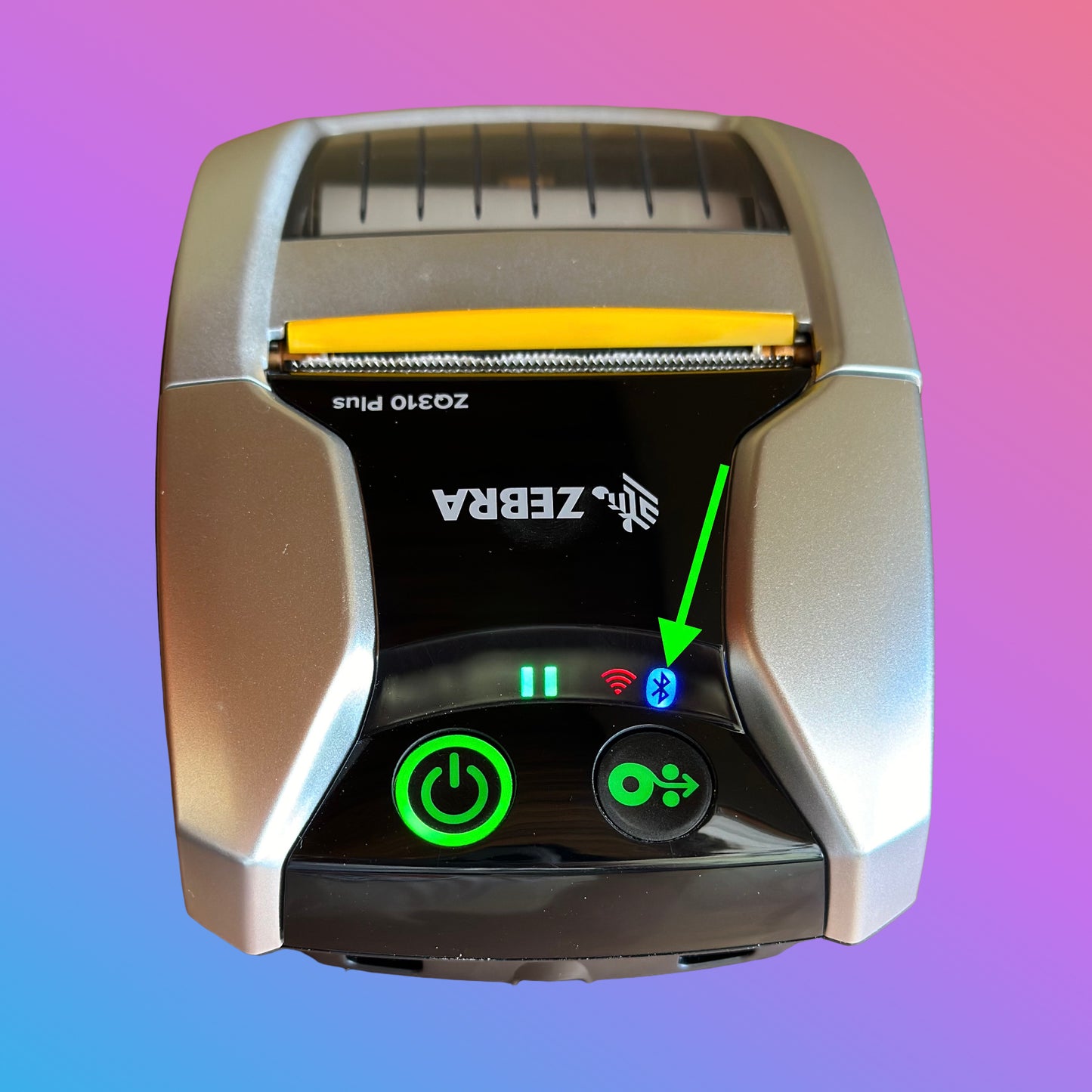 Zebra ZQ310 Plus label printer on a gradient background