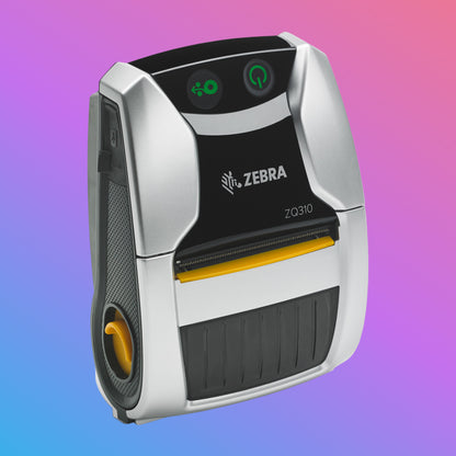 Zebra ZQ310 label printer on a colorful gradient background