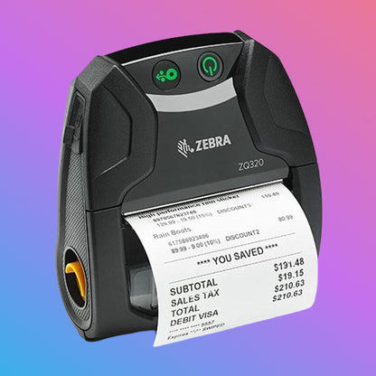 Zebra ZQ320 label printer with a printed label on a gradient background