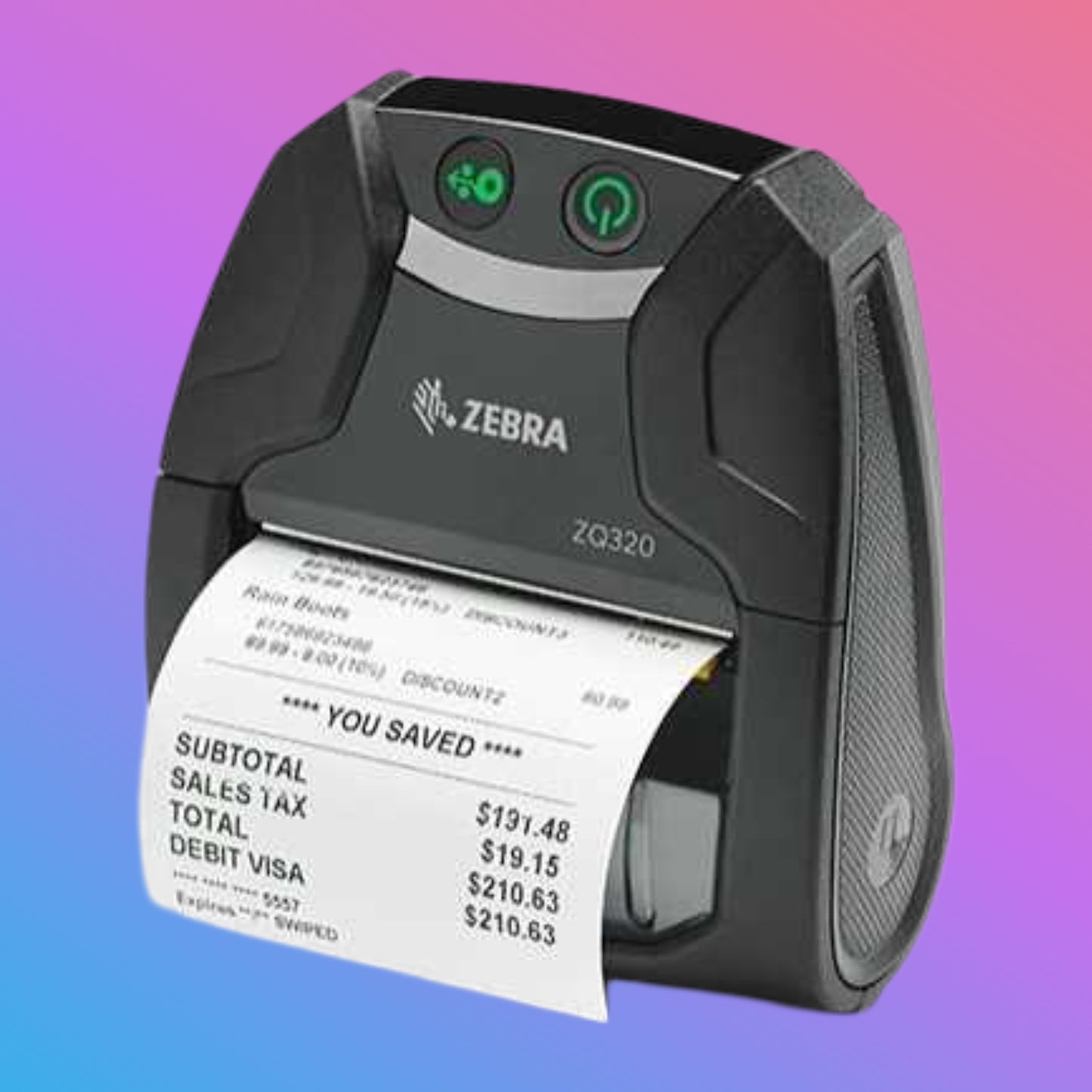 Zebra label printer with a printed label on a gradient background