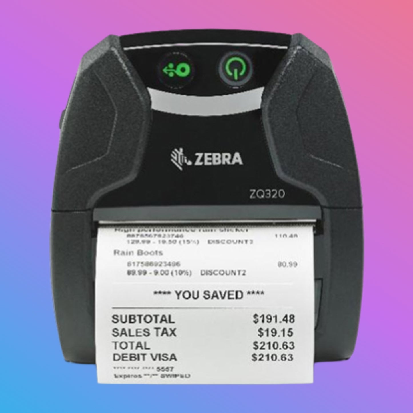 Zebra ZQ320 label printer with a printed label on a gradient background