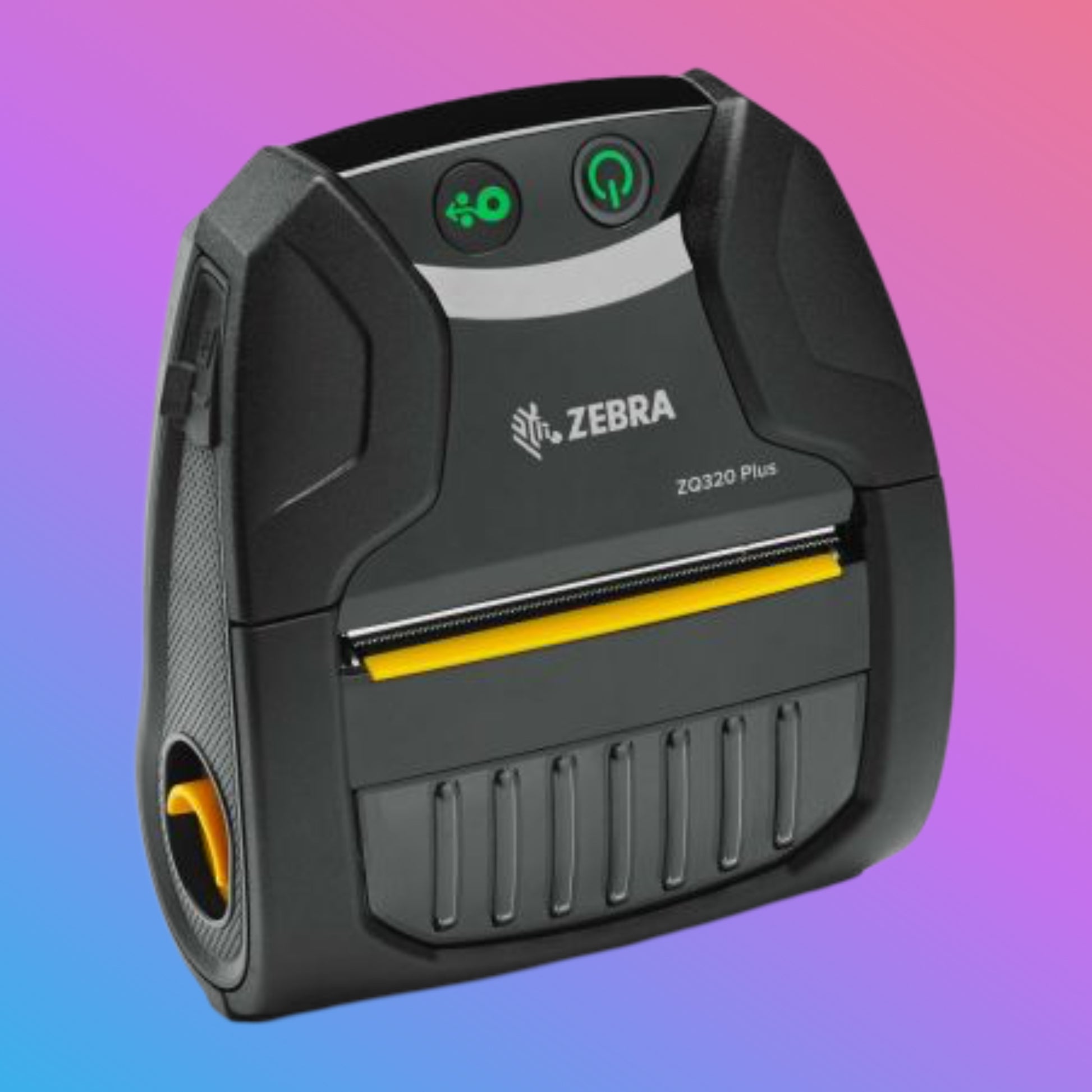 Zebra label printer on a gradient background