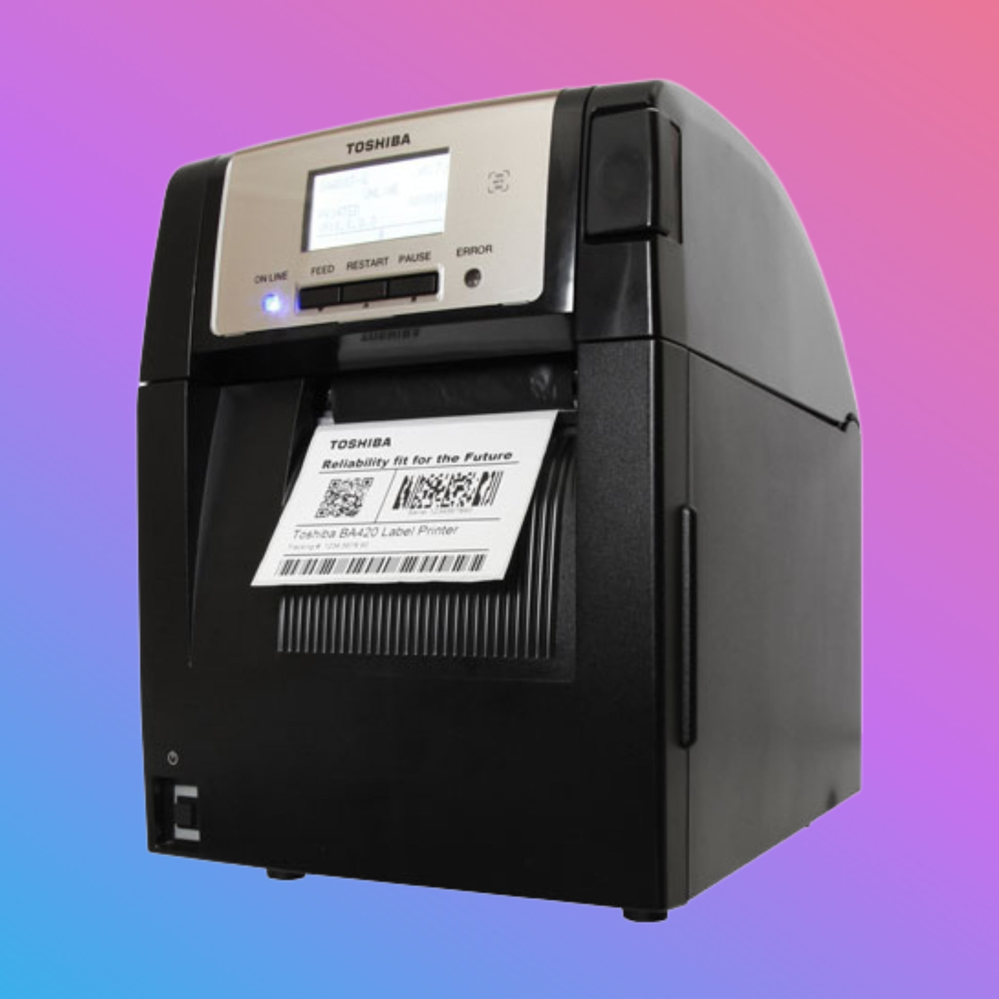 Toshiba label printer on a gradient background