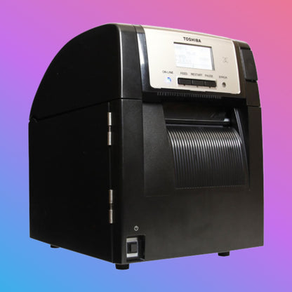 Toshiba label printer on a gradient background