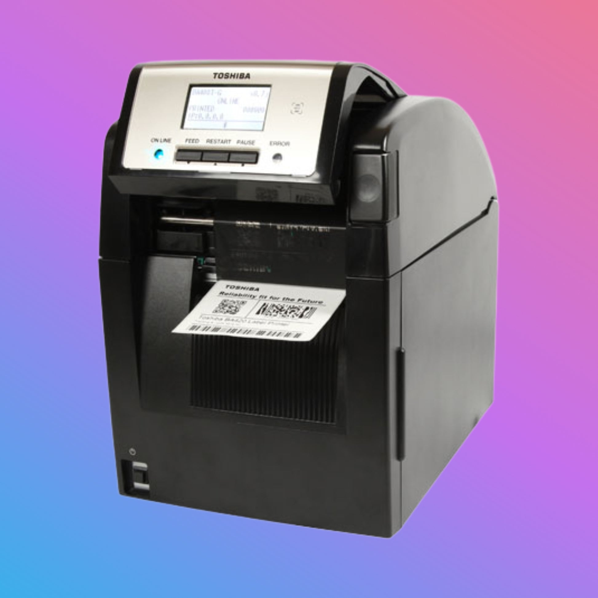 Toshiba label printer on a gradient background