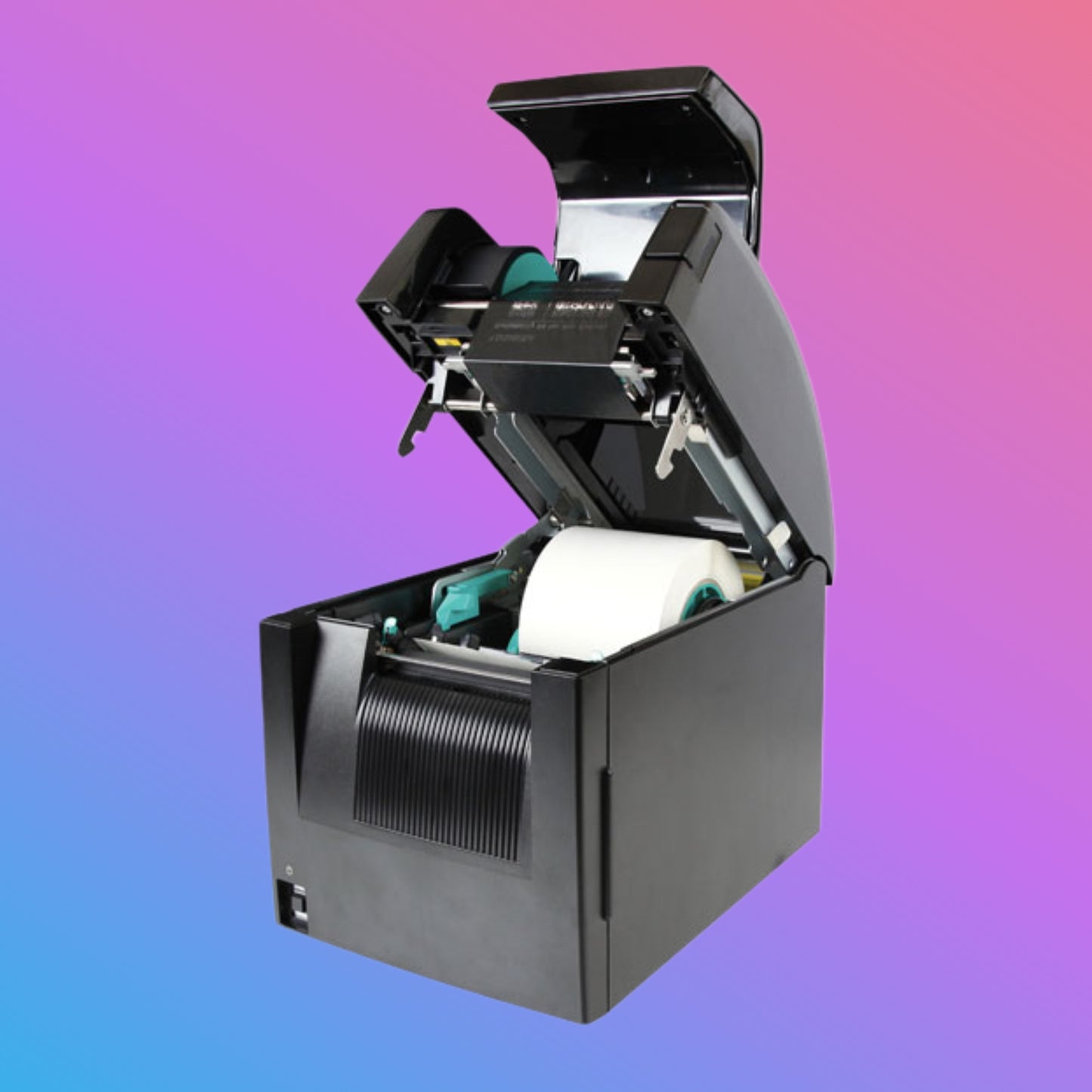 Black printer with open lid on a gradient background