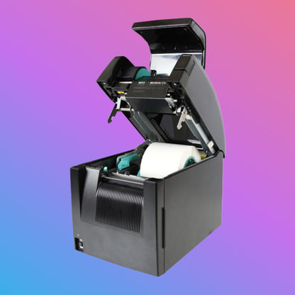Black printer with open lid on a gradient background