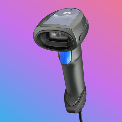 Barcode scanner with blue light on a gradient background