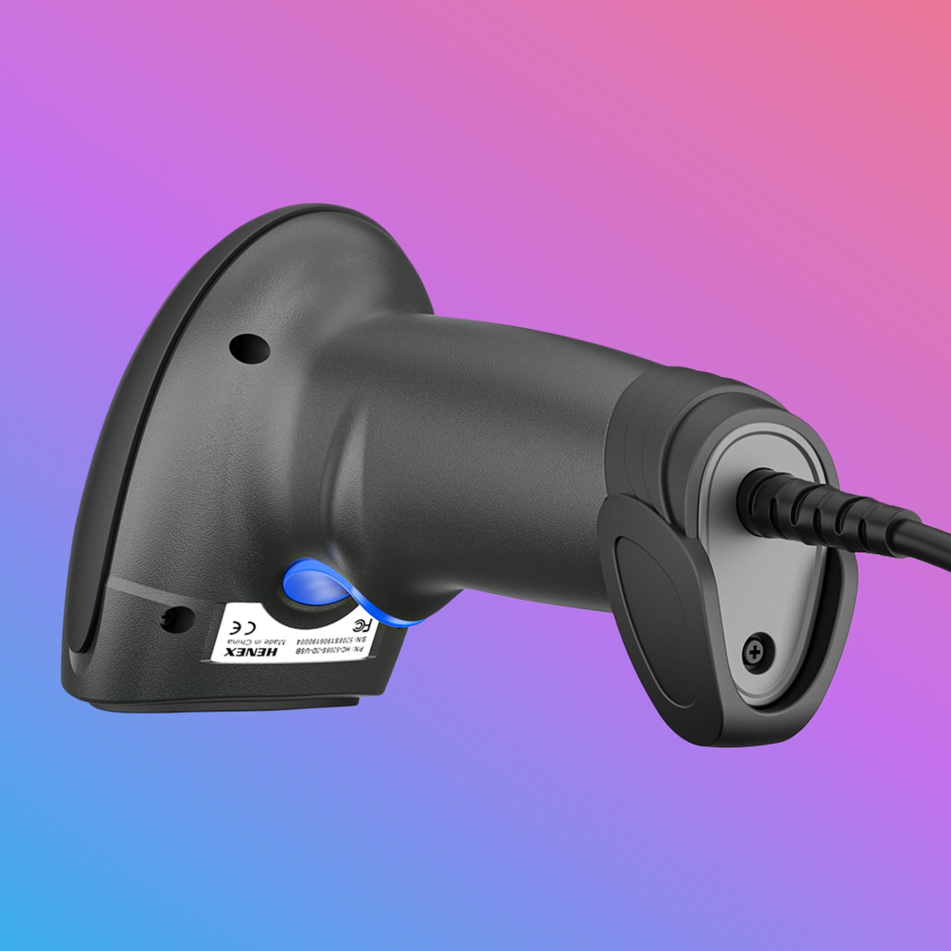 Black barcode scanner on a gradient background